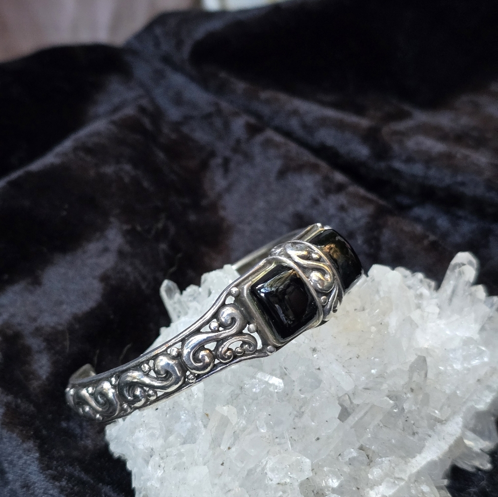Onyx And Sterling Silver Ornate Vintage Cuff Bracelet